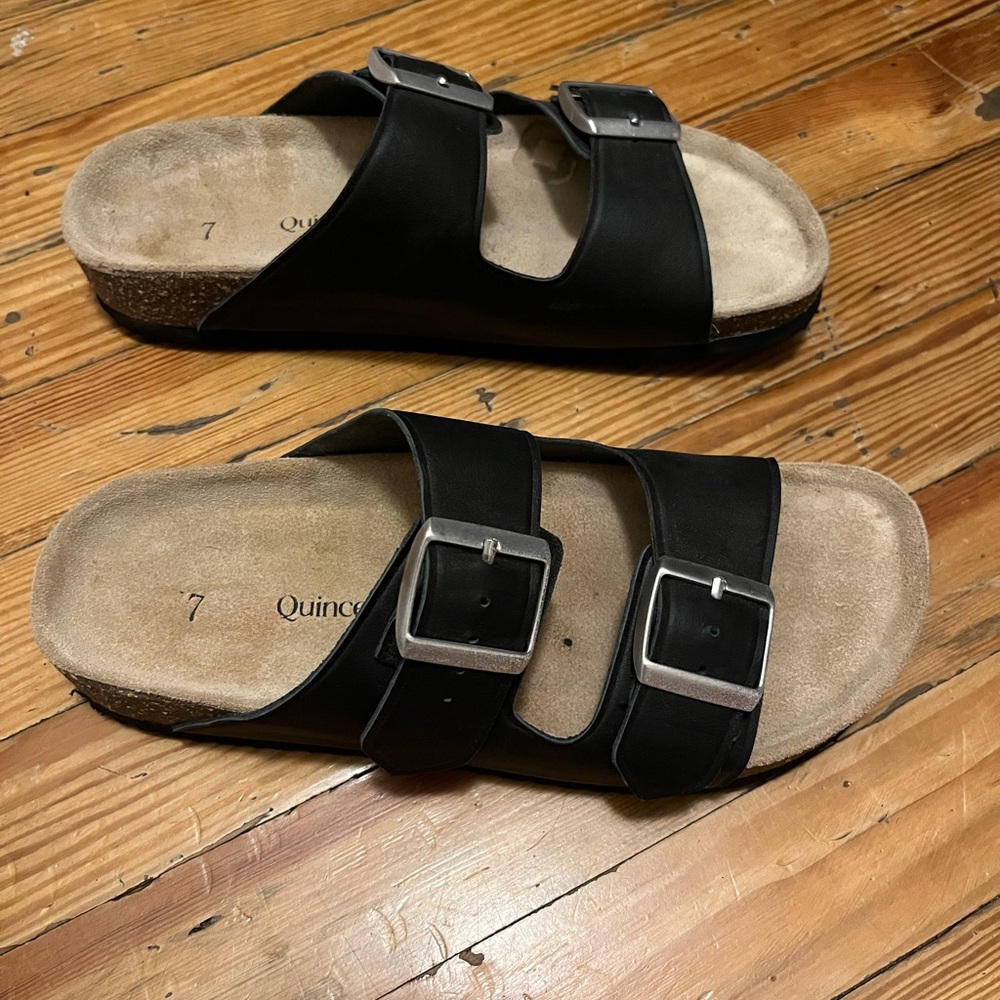 Quince Black Nappa Leather Double Buckle Slide 7 Sandal Birkenstock worn 2x
